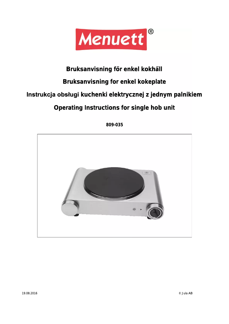 Page n°1 - Manuel utilisateur Menuett 809-035