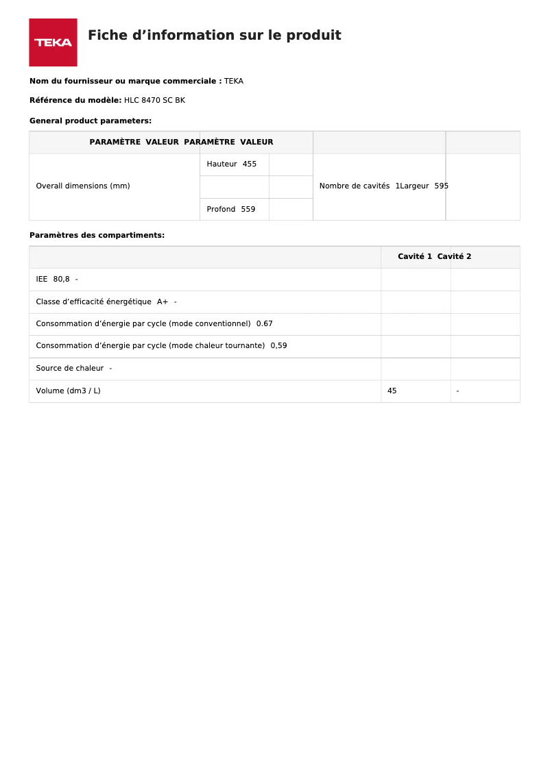 Page 1 de la notice Fiche technique Teka HLC 8470 SC