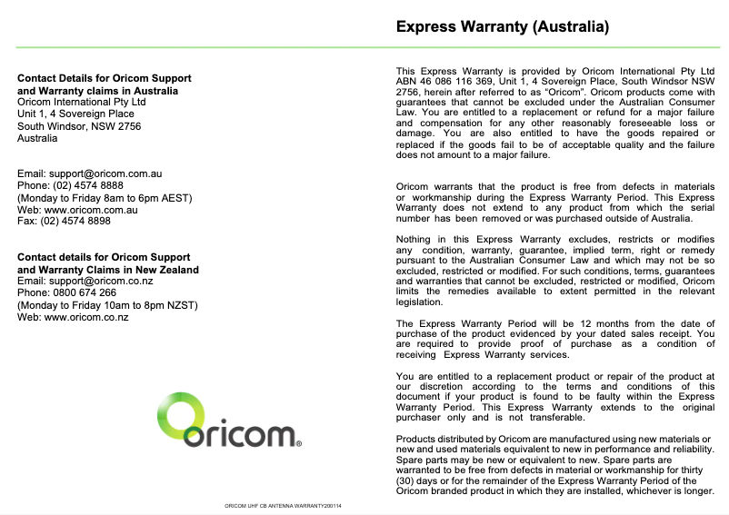 Page 1 de la notice Manuel utilisateur Oricom MBA450V
