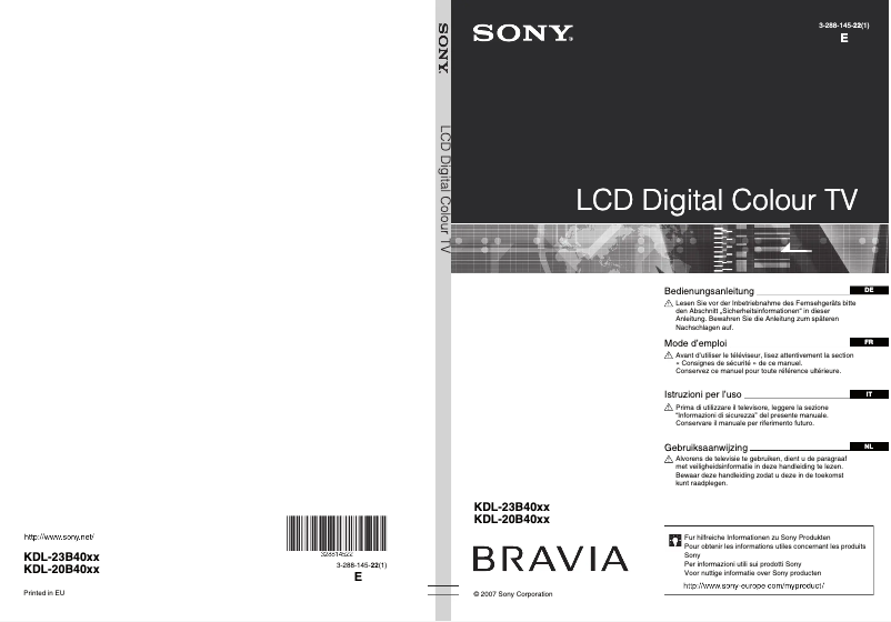 Page 1 de la notice Manuel utilisateur Sony Bravia KDL-20B4050
