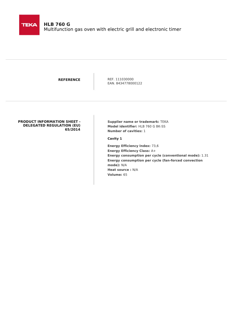 Page n°1 - Fiche technique Teka HLB 760 G