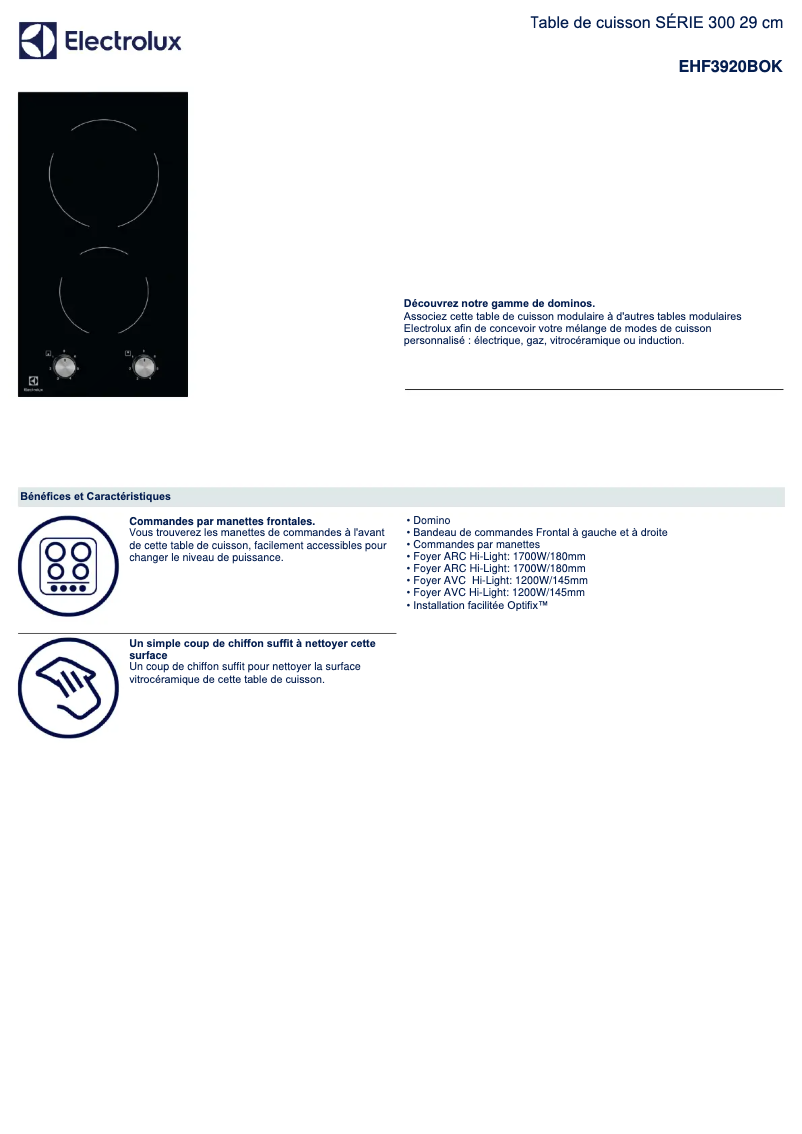 Page 1 de la notice Fiche technique Electrolux EHF3920BOK
