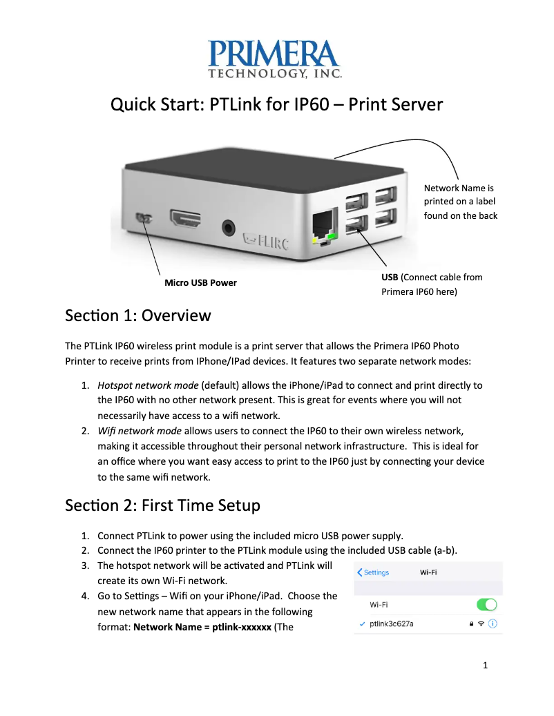 Page 1 de la notice Manuel utilisateur Primera PTLink