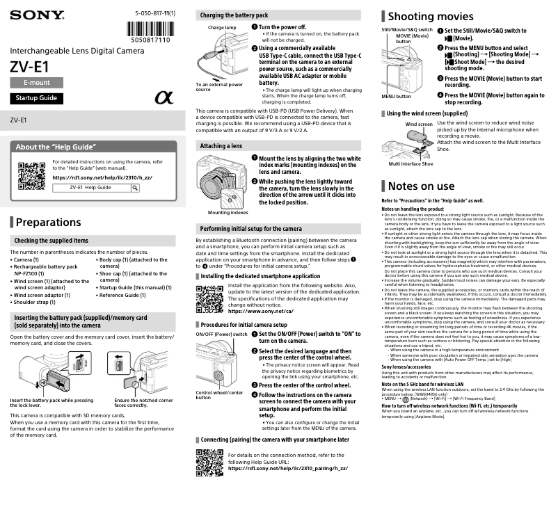 Page n°1 - Guide d'installation Sony ZV-E1