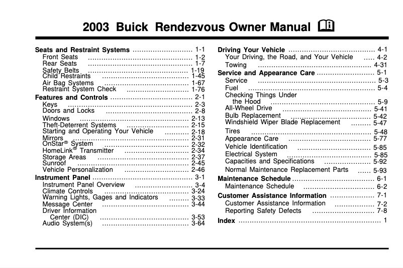 Page 1 de la notice Manuel utilisateur Buick Park Avenue (2003)