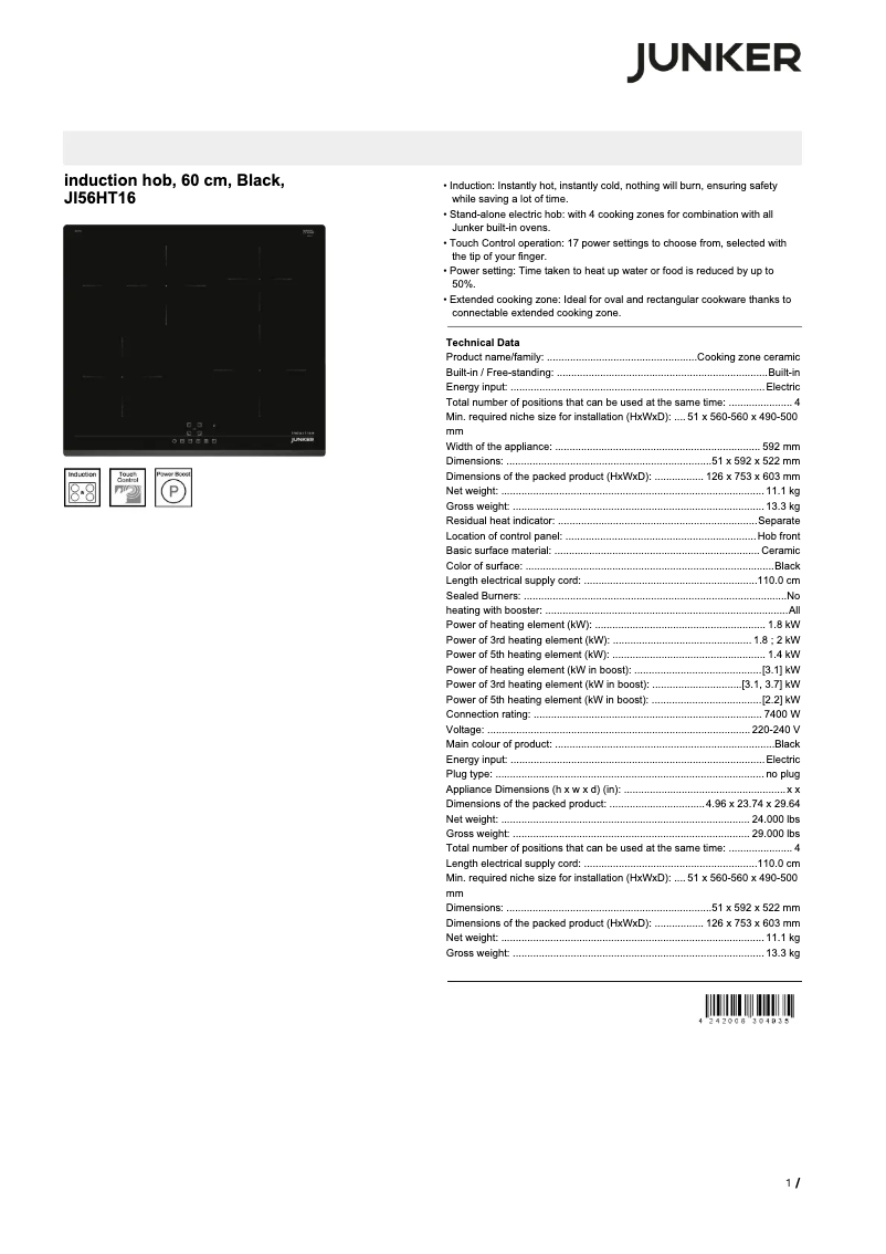 Page 1 de la notice Fiche technique Junker JI56HT16