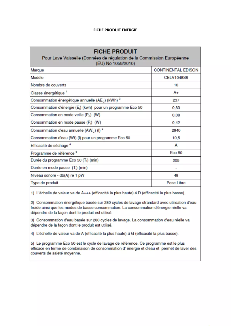 Page 1 de la notice Label énergétique Continental Edison CELV1048S8