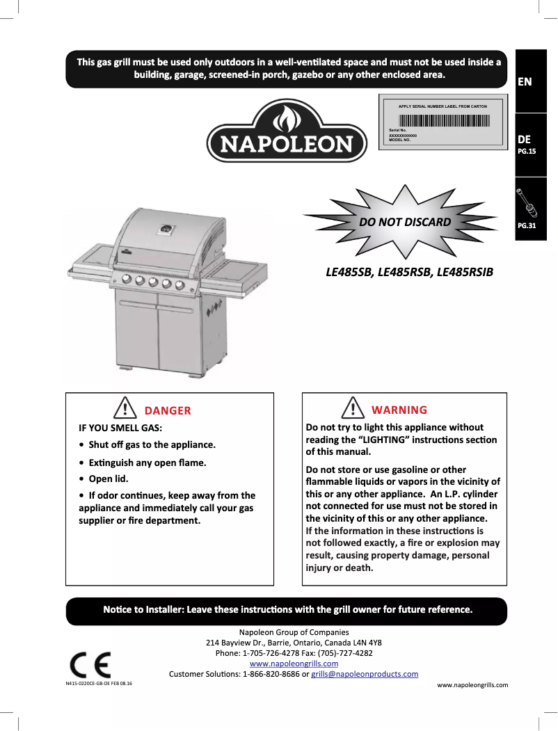 Page 1 de la notice Manuel utilisateur Napoleon LE485SB