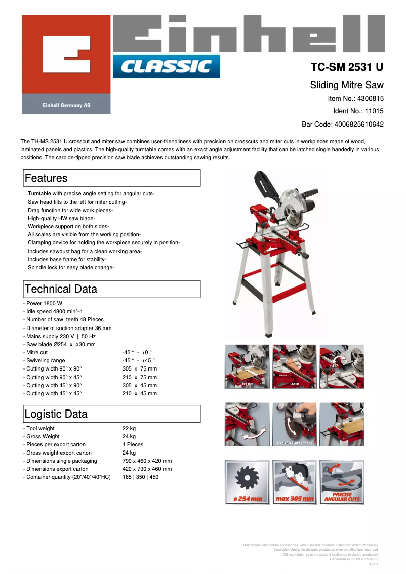 Page 1 de la notice Fiche technique Einhell TC-SM 2531 U