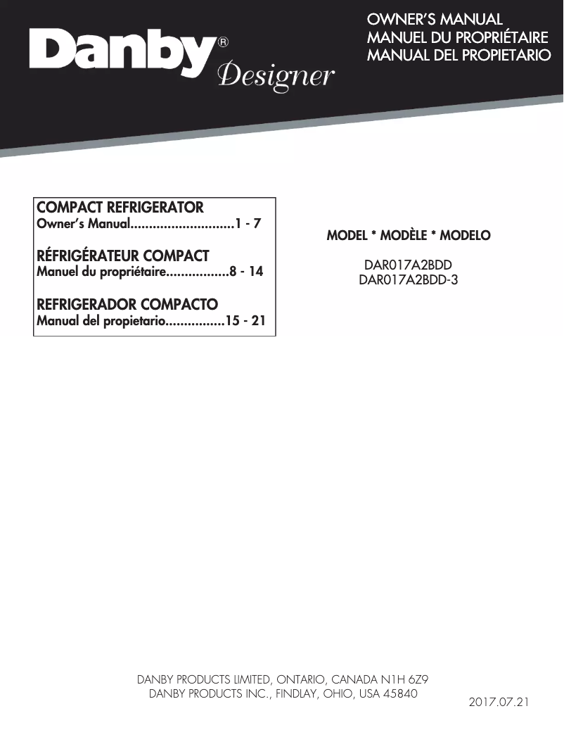 Page 1 de la notice Manuel utilisateur Danby DAR017A2
