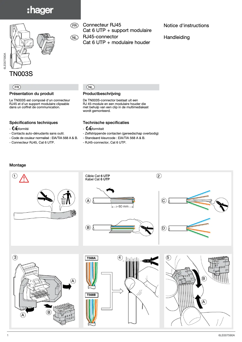 Page 1 de la notice Guide d'installation Hager TN003S