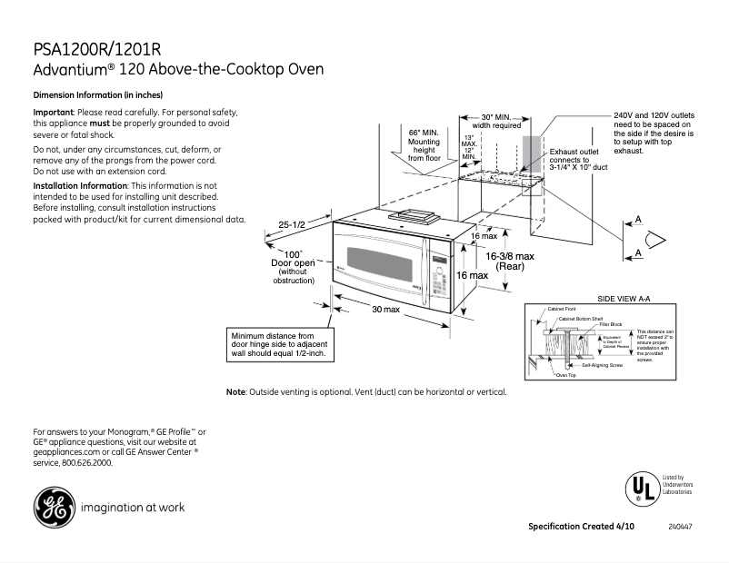 Page 1 de la notice Fiche technique GE PSA1200RBB