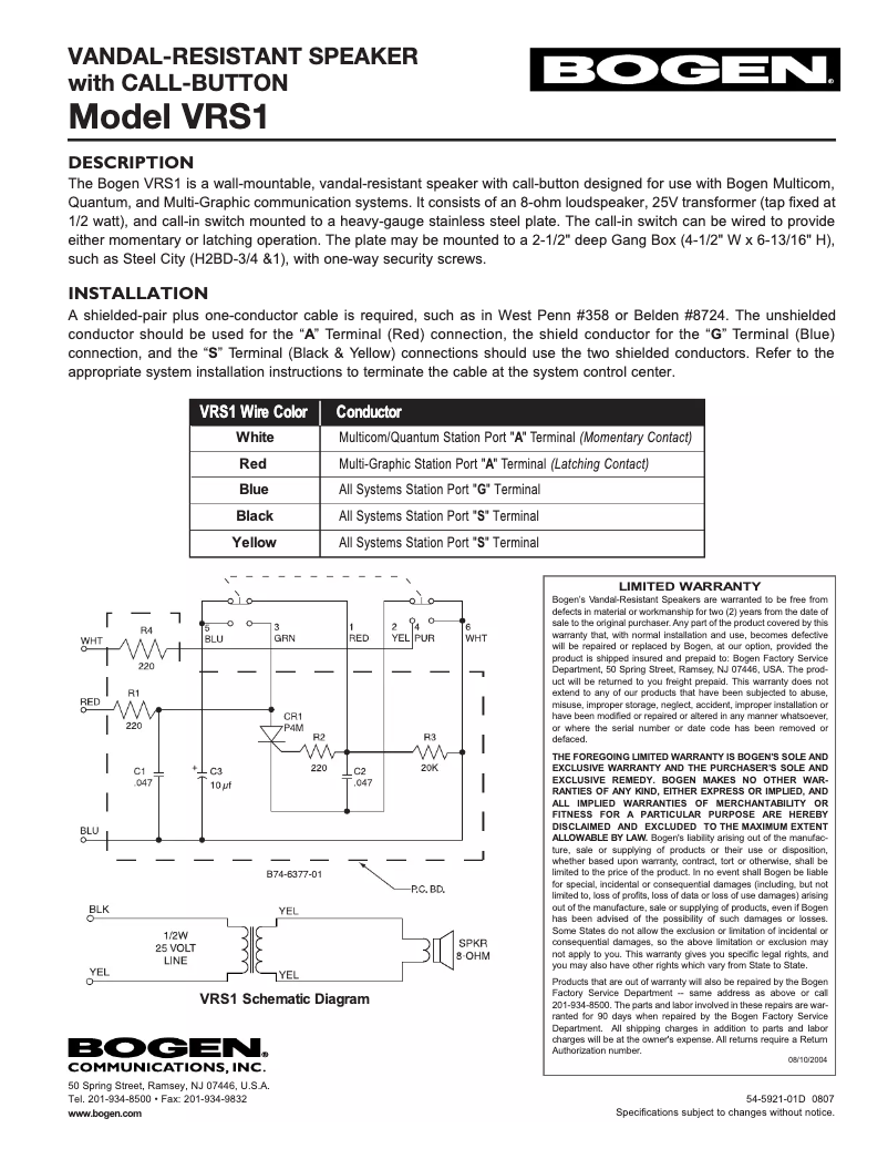 Page 1 de la notice Manuel utilisateur Bogen VRS1