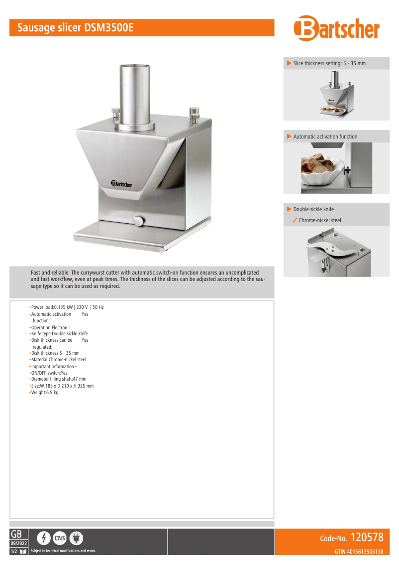 Page 1 de la notice Fiche technique Bartscher DSM3500E