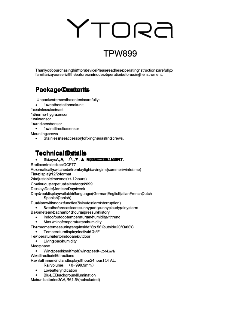 Page n°1 - Manuel utilisateur Ytora TPW899
