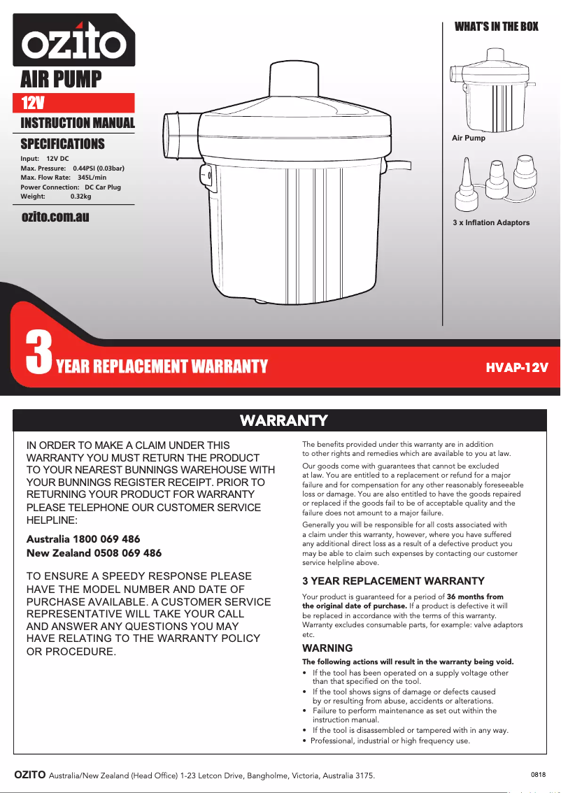 Page n°1 - Manuel utilisateur Ozito HVAP-12V