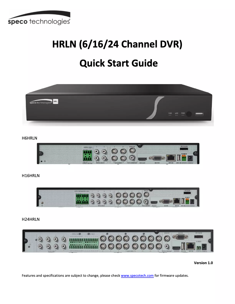 Page 1 de la notice Guide de démarrage rapide Speco Technologies H16HRLN