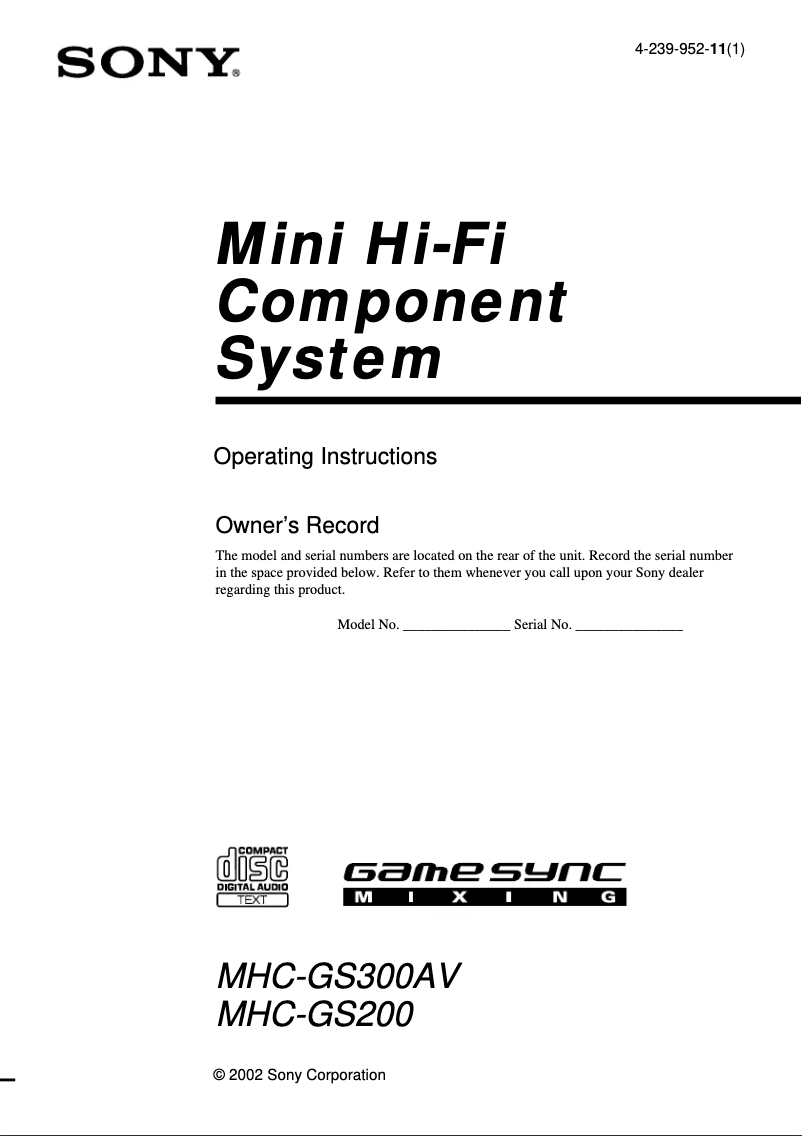 Page n°1 - Manuel utilisateur Sony MHC-GS200