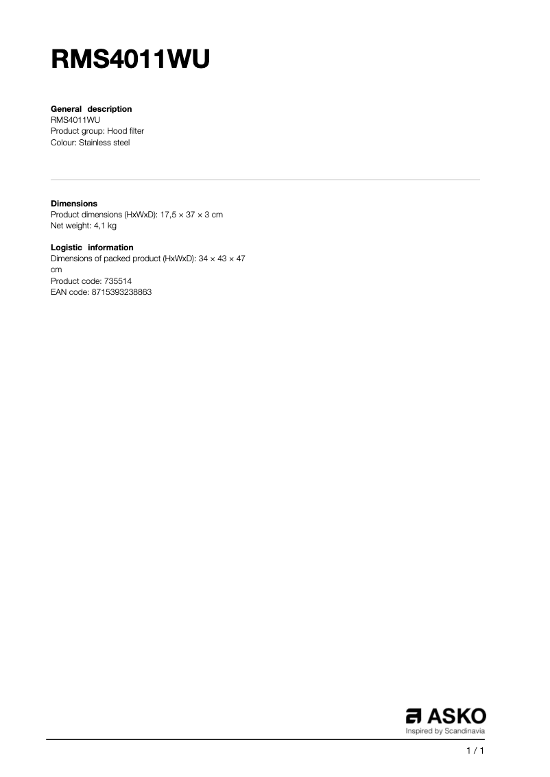 Page 1 de la notice Manuel utilisateur Asko RMS4011WU