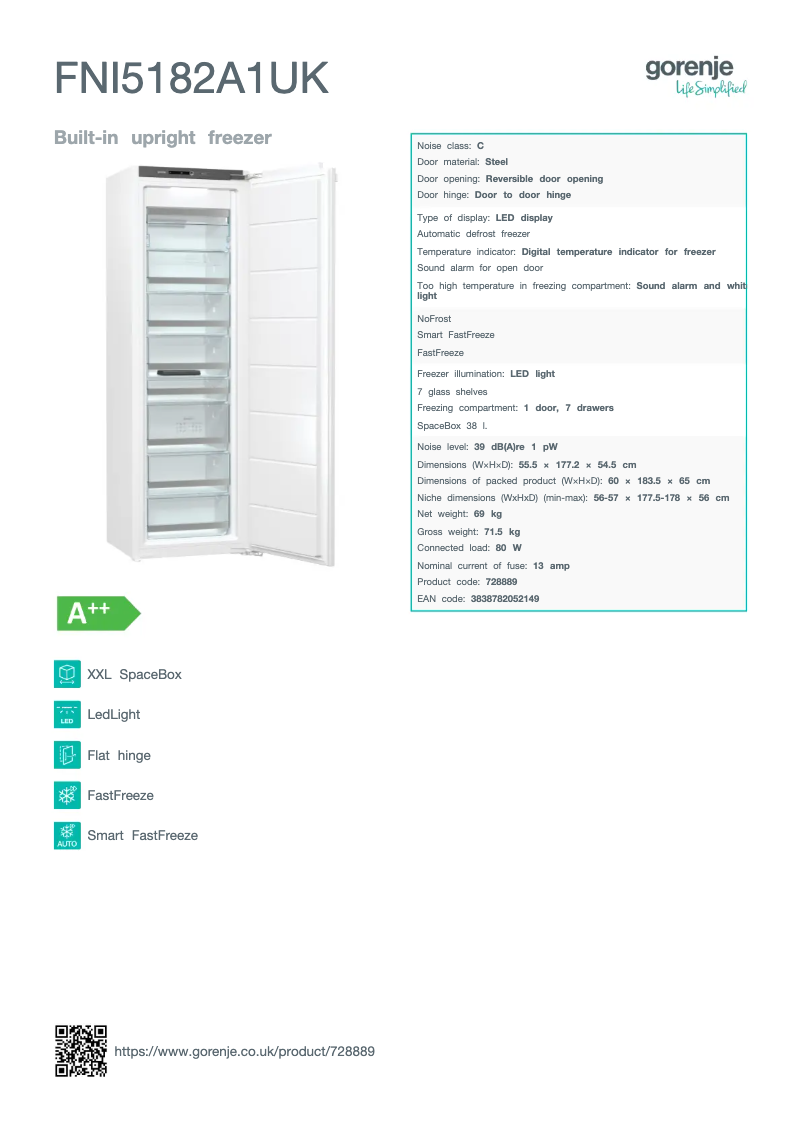 Page n°1 - Fiche technique Gorenje FNI5182A1UK