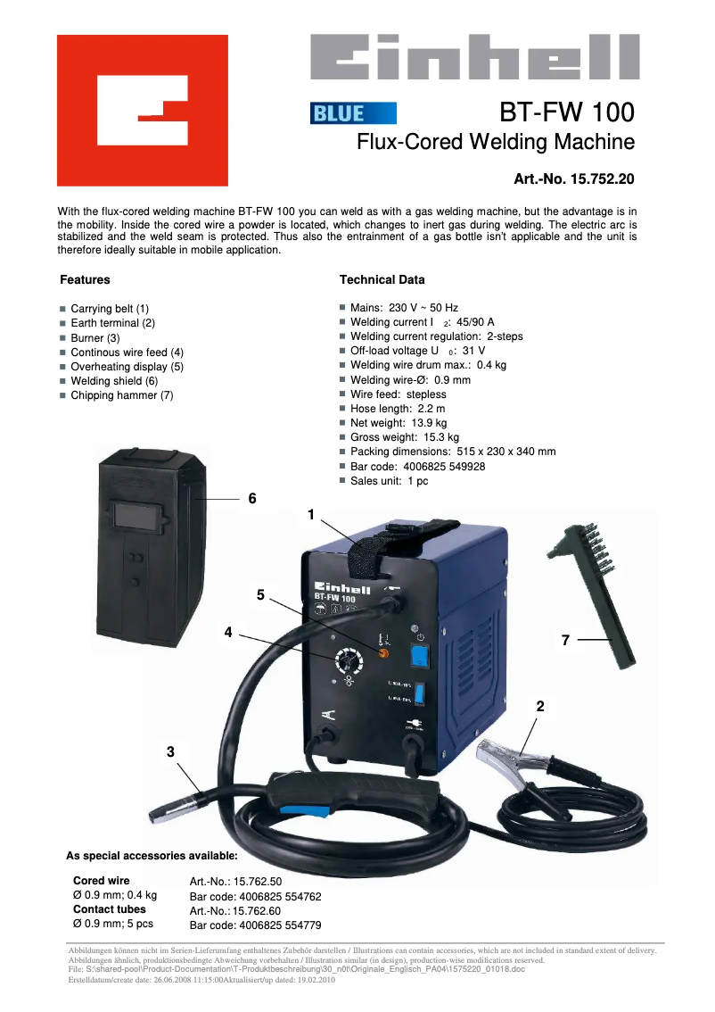 Page n°1 - Fiche technique Einhell BT-FW 100