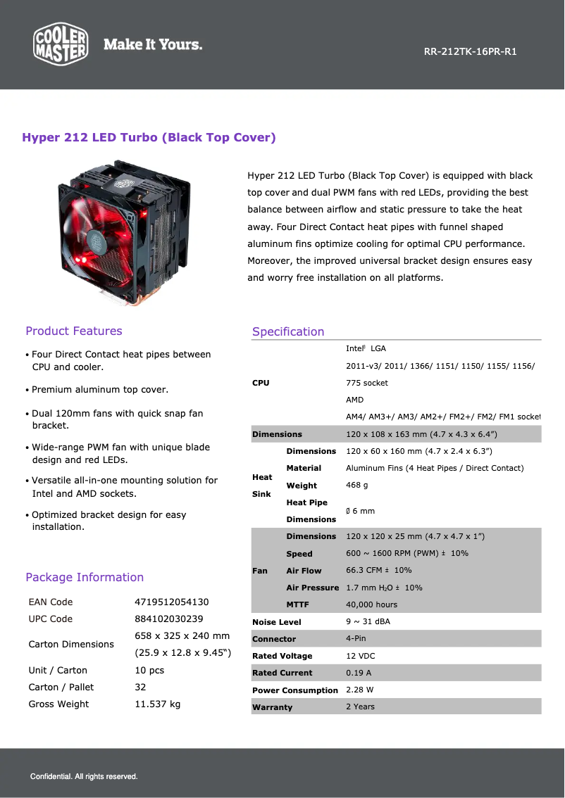 Page 1 de la notice Fiche technique Cooler Master Hyper 212 LED Turbo