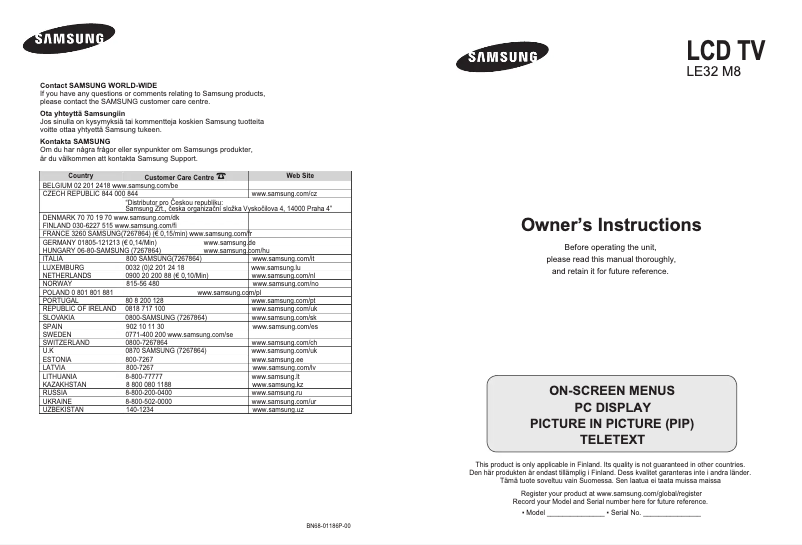 Page 1 de la notice Manuel utilisateur Samsung LE37M86BC