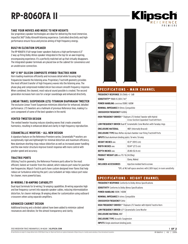 Page 1 de la notice Fiche technique Klipsch Reference Premiere RP-8060FA II