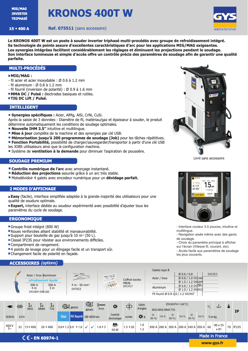Page 1 de la notice Fiche technique GYS Kronos 400T W