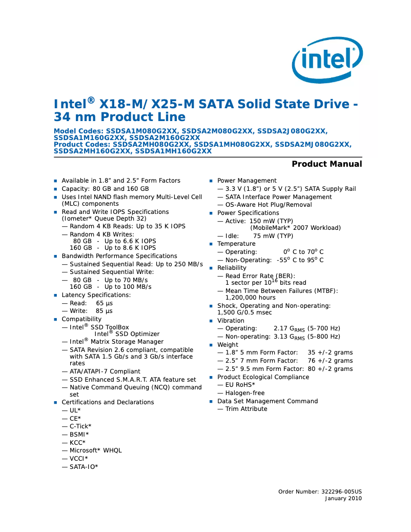 Page n°1 - Manuel utilisateur Intel SSDSA2MH120G2K5