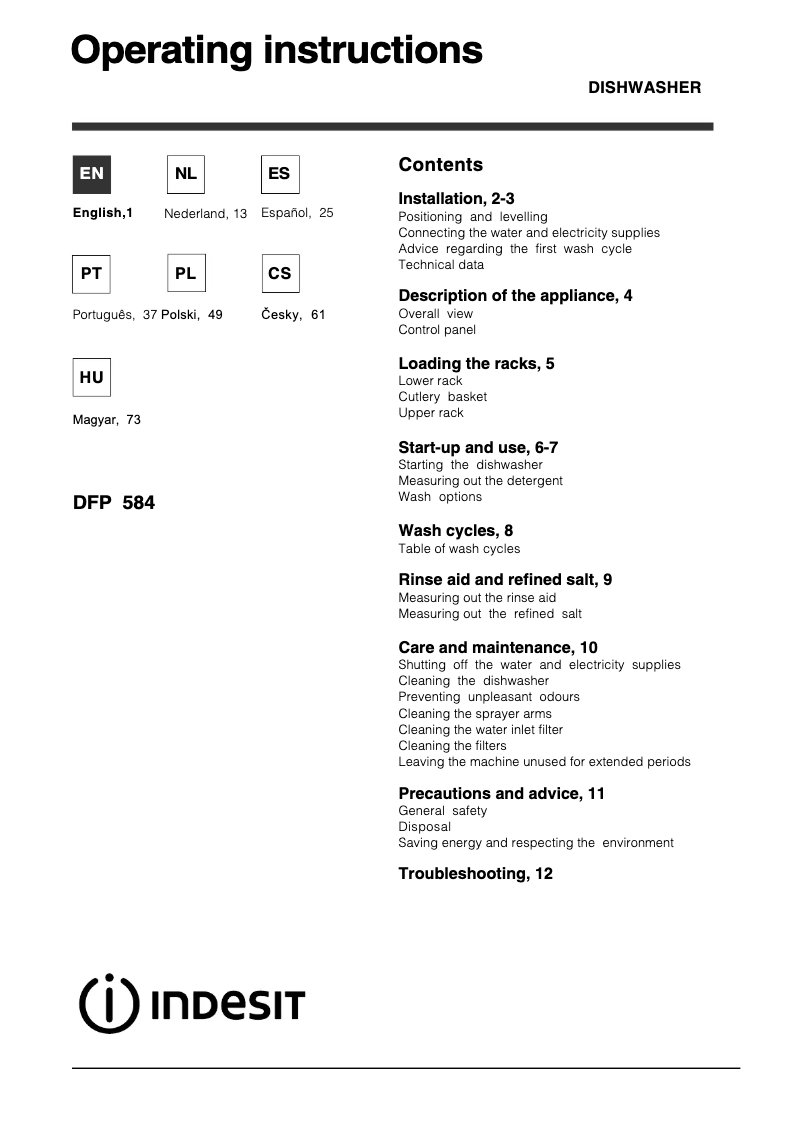 Page 1 de la notice Manuel utilisateur Indesit DFP 584 NX