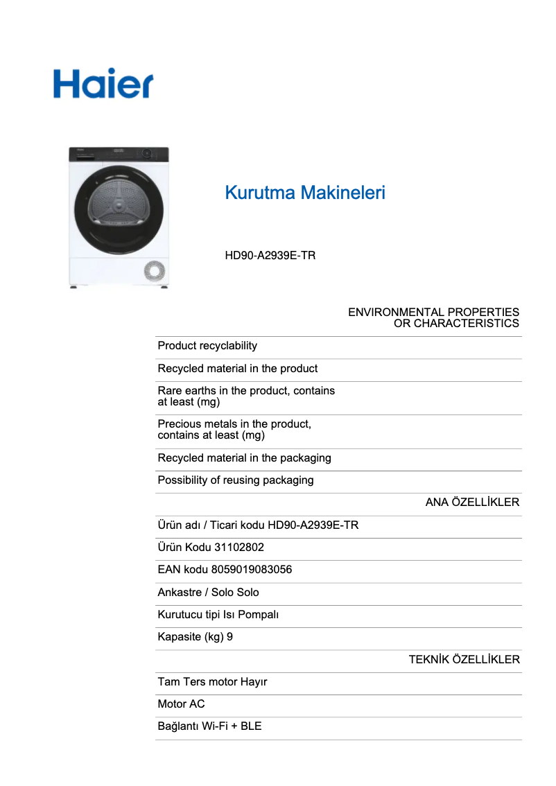 Page 1 de la notice Fiche technique Haier HD90-A2939E