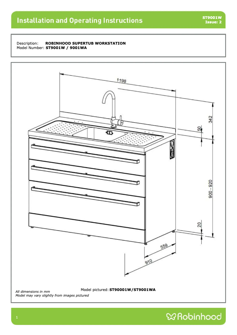 Page 1 de la notice Guide d'installation Robinhood ST9001WA