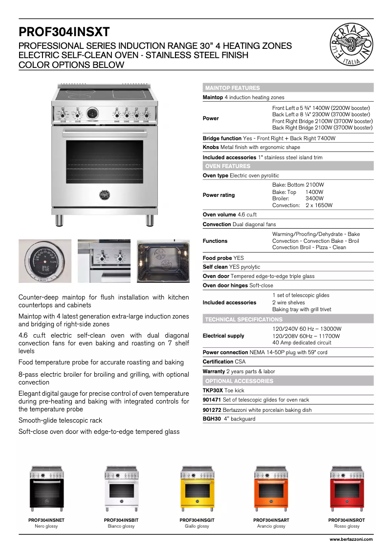 Page 1 de la notice Fiche technique Bertazzoni Professional PROF304INSBIT