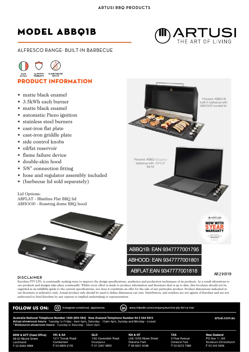 Page 1 de la notice Fiche technique Artusi ABBQ1B