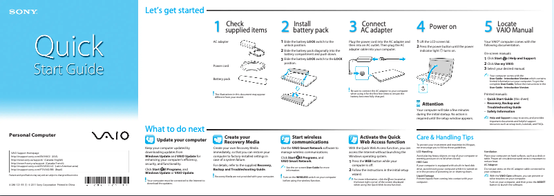 Page 1 de la notice Guide d'installation Sony Vaio VPCEH17FD