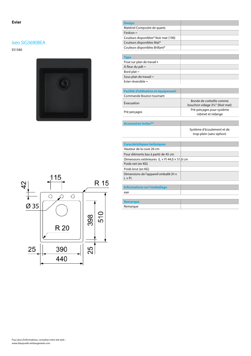 Page n°1 - Fiche technique Blaupunkt Iseo SIG3690BEA