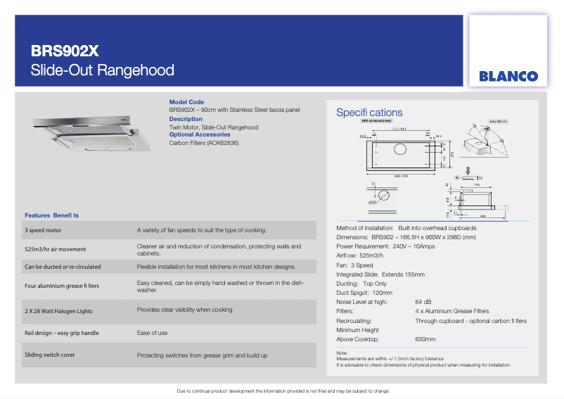 Page 1 de la notice Fiche technique BLANCO BRS902X