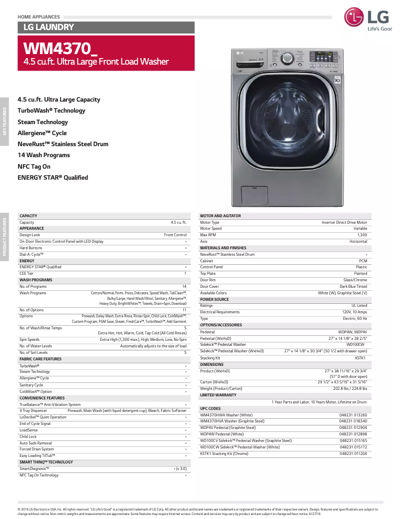 Página 1 del manual Ficha técnica LG WM4370HA