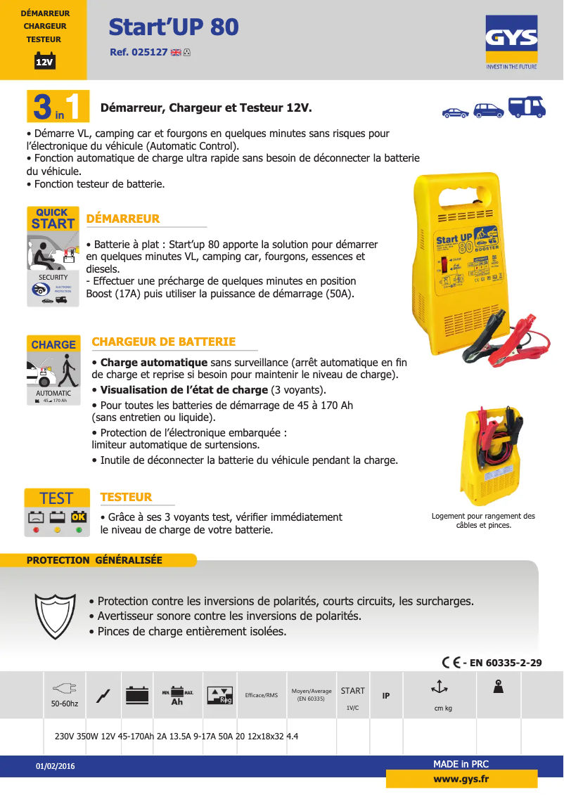 Page 1 de la notice Fiche technique GYS Start UP 80