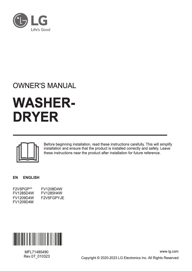 Page 1 de la notice Manuel utilisateur LG F2V5FGPYJE