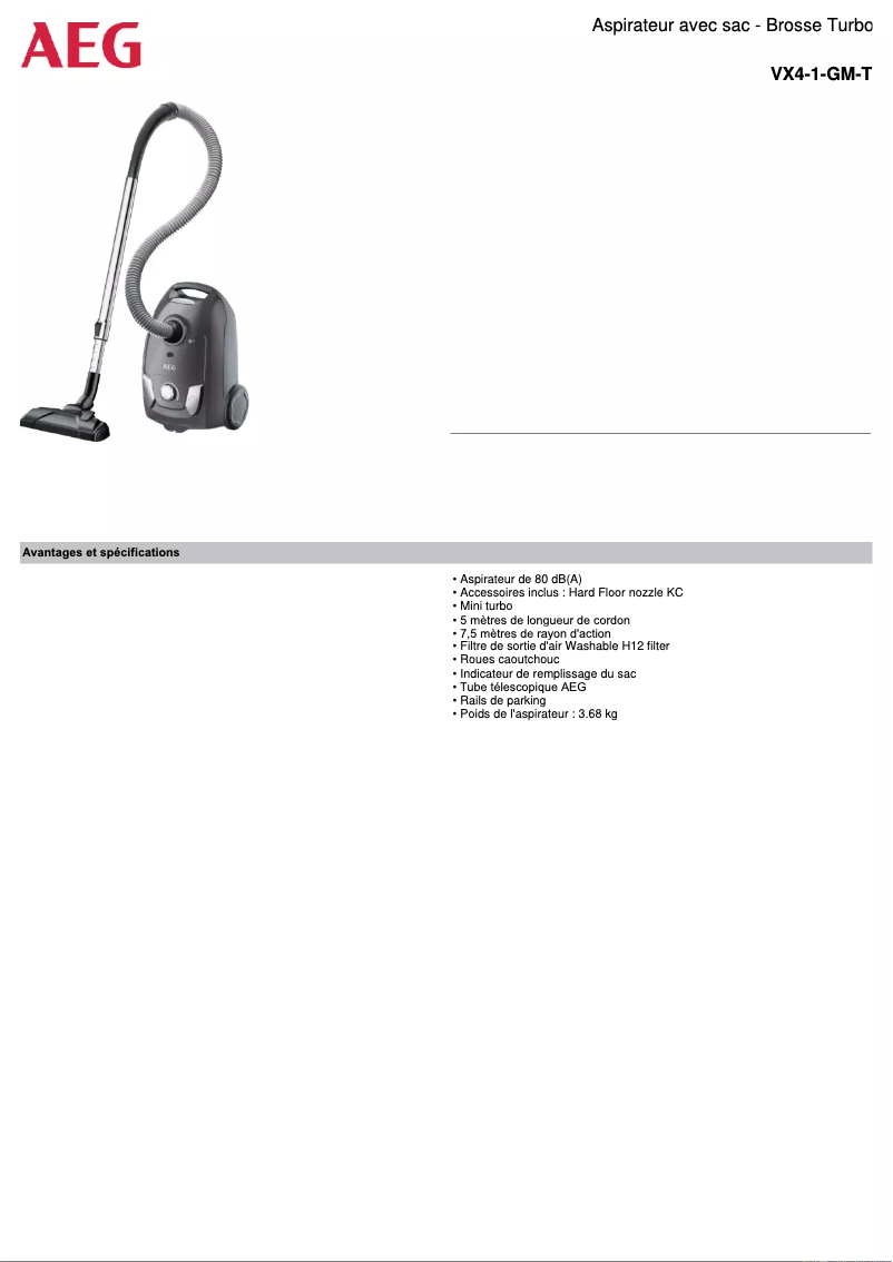 Page 1 de la notice Fiche technique AEG VX4-1-GM-T