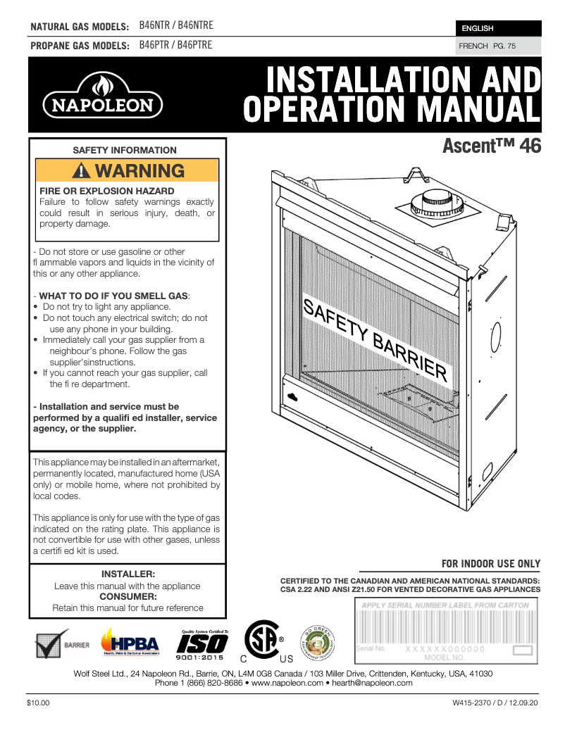 Page 1 de la notice Manuel utilisateur Napoleon Ascent 46