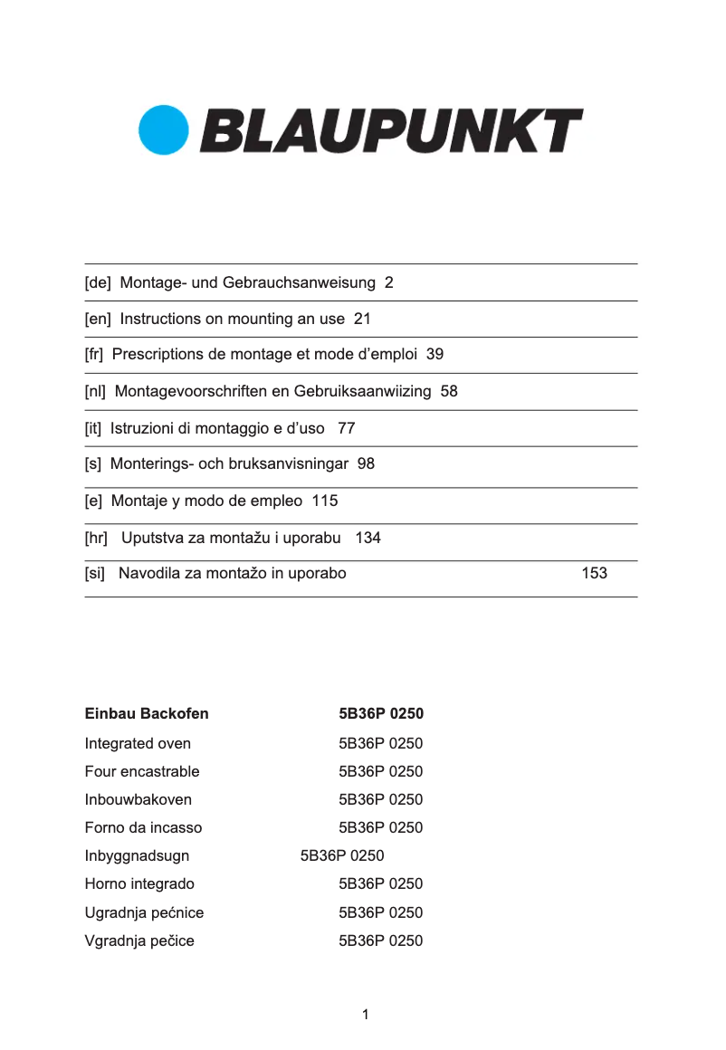 Page 1 de la notice Mode d'emploi Blaupunkt 5B36P 0250