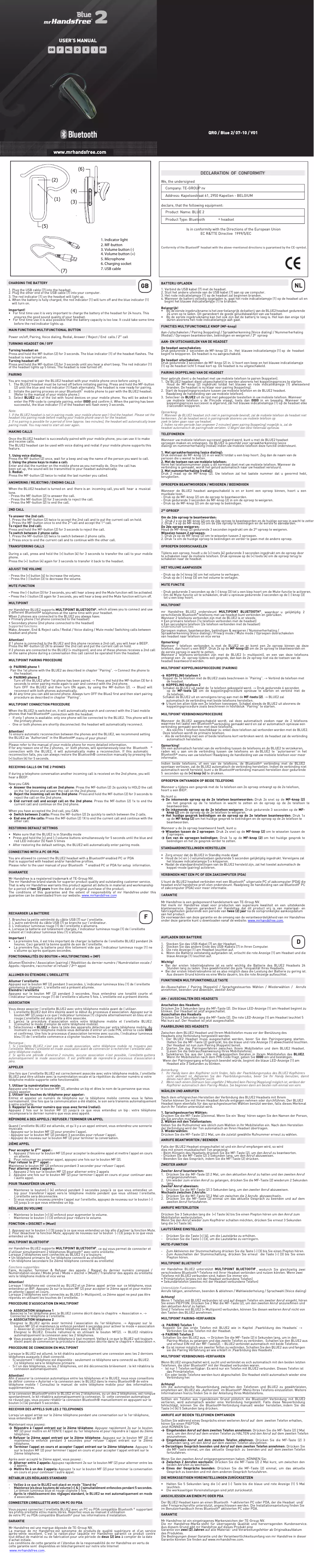 Page n°1 - Manuel utilisateur Mr. Handsfree Blue 2