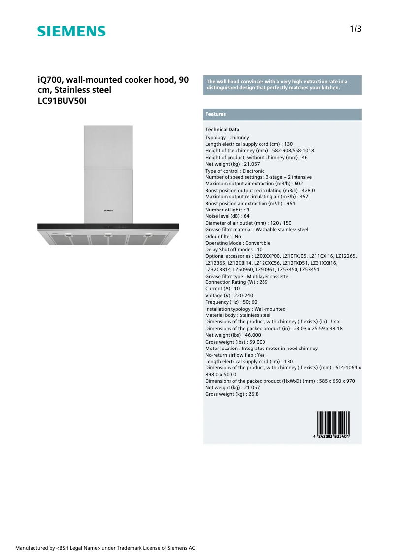 Page n°1 - Fiche technique Siemens LC91BUV50I