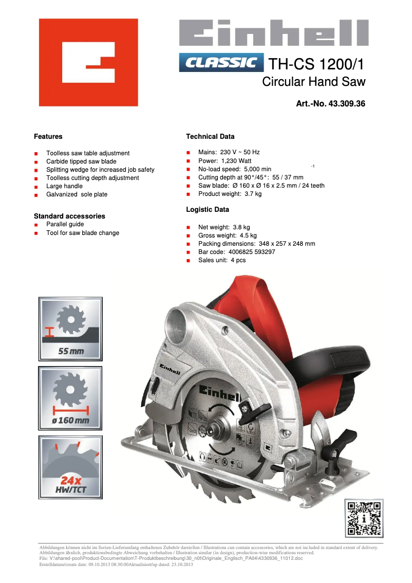 Page n°1 - Fiche technique Einhell TH-CS 1200/1