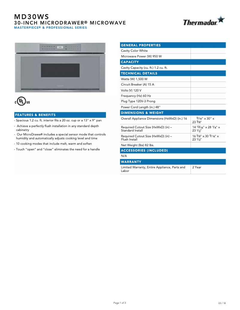 Page 1 of the manual Technical Sheet Thermador MD30WS