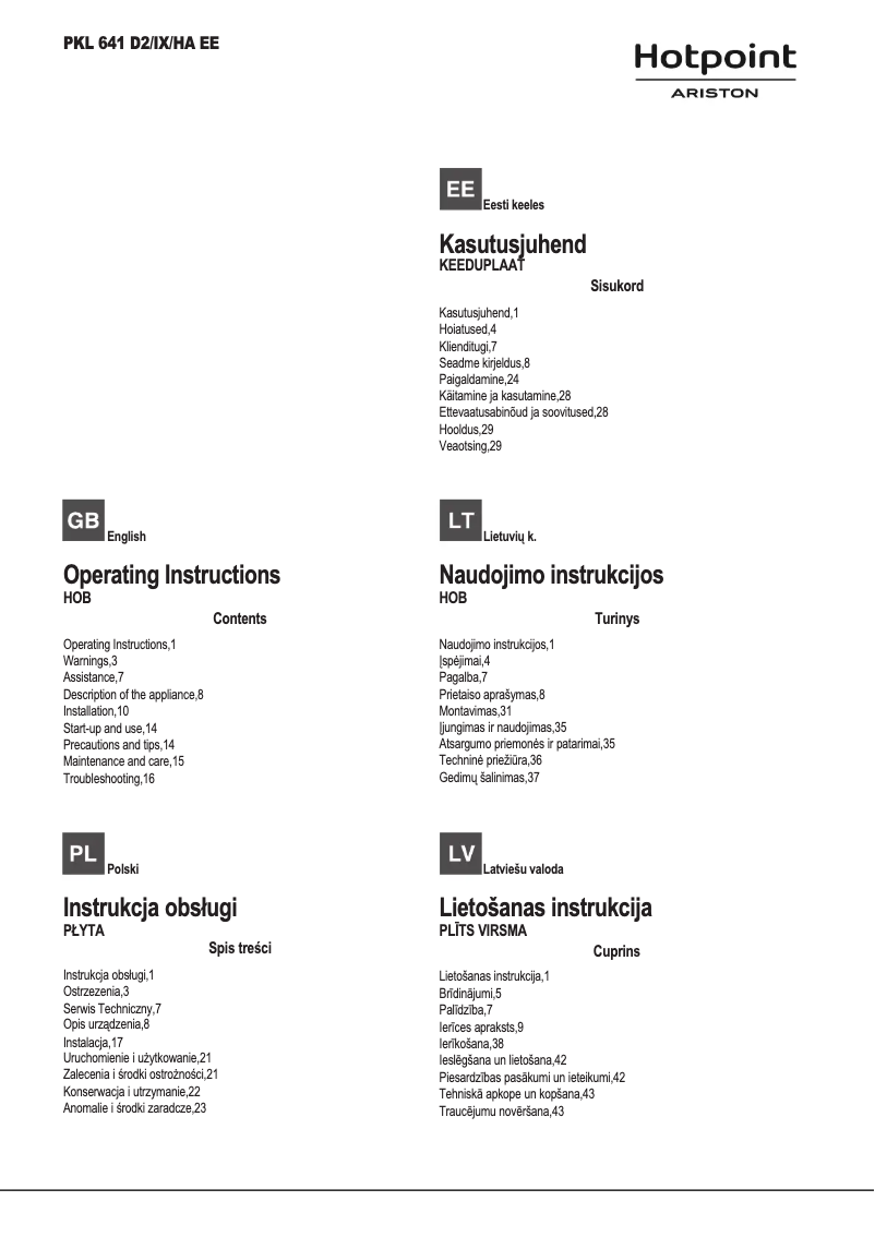 Page n°1 - Manuel utilisateur Hotpoint Ariston PKL 641 D2/IX/HA EE