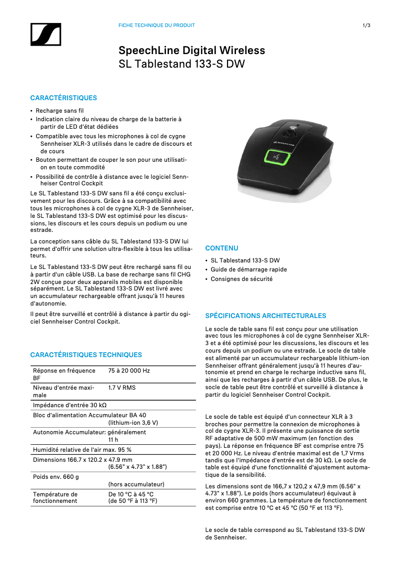 Page 1 de la notice Manuel utilisateur Sennheiser SL Tablestand 133-S DW